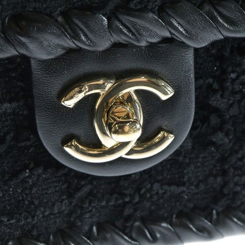 Chanel CC Logo Twi Domini Flap Shoulder Bag Chain Black Leather Gold