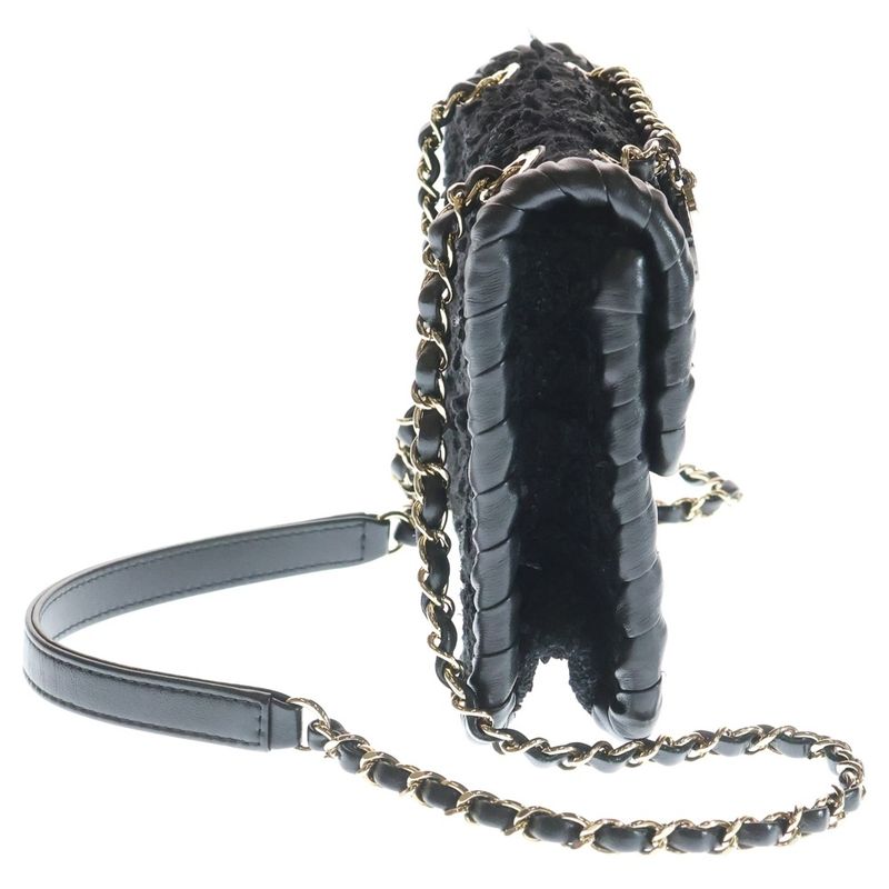 Chanel CC Logo Twi Domini Flap Shoulder Bag Chain Black Leather Gold