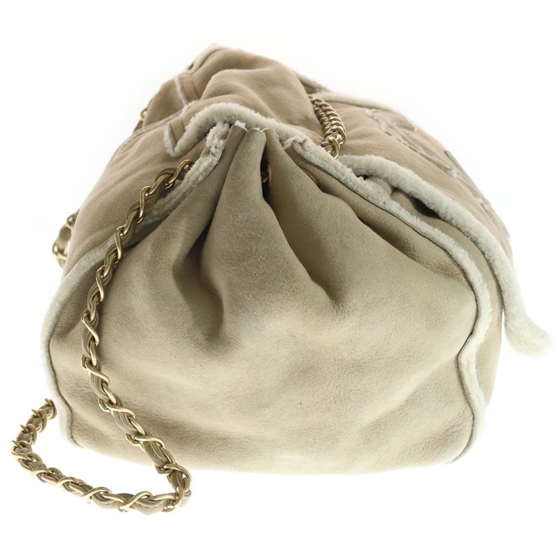 Chanel CC Logo Mouton Leather Chain Shoulder Bag Beige Gold