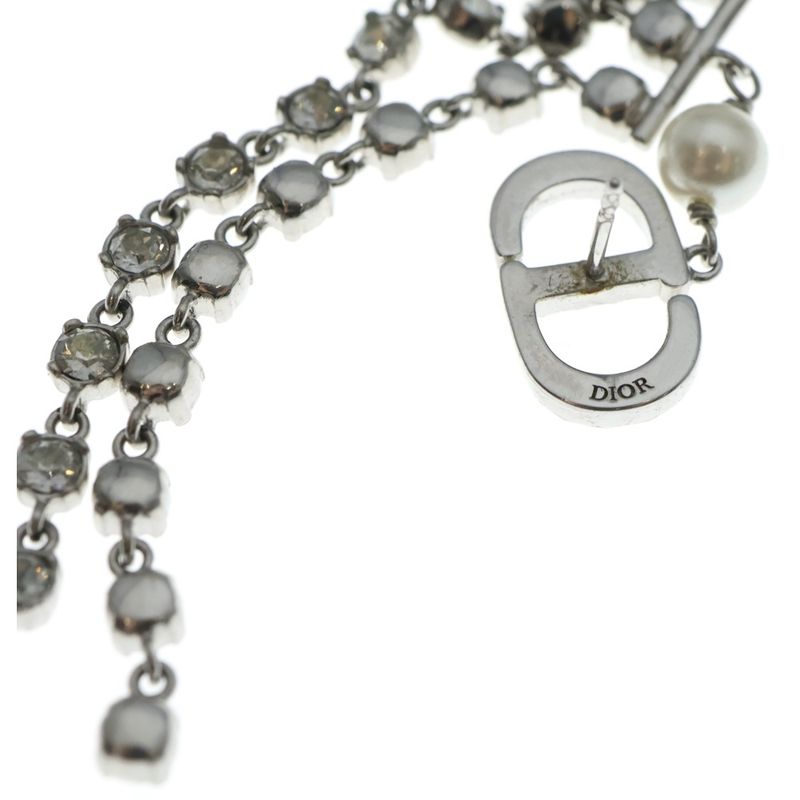 Dior CD Logo Rhinestone Pearl Chien Delia Earrings Silver