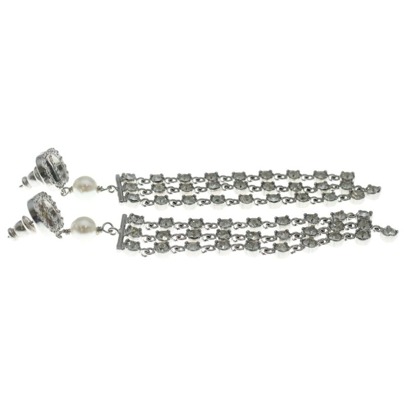 Dior CD Logo Rhinestone Pearl Chien Delia Earrings Silver