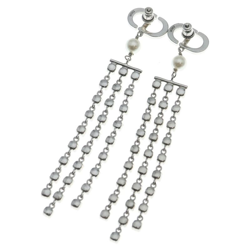Dior CD Logo Rhinestone Pearl Chien Delia Earrings Silver