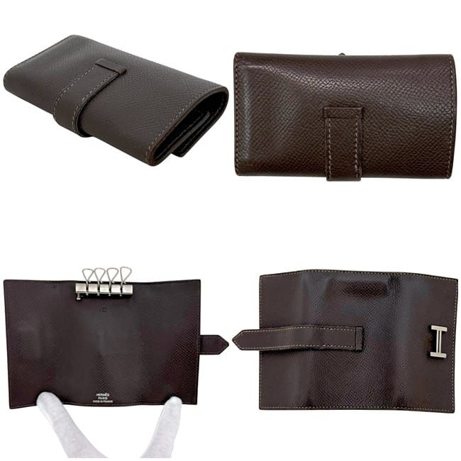 Hermes 4 Row Key Case Brown Dark Bearn Leather Key Holder Brown Dark Brown
