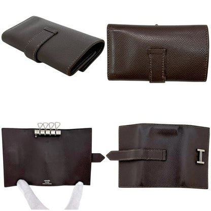 Hermes 4 Row Key Case Brown Dark Bearn Leather Key Holder Brown Dark Brown