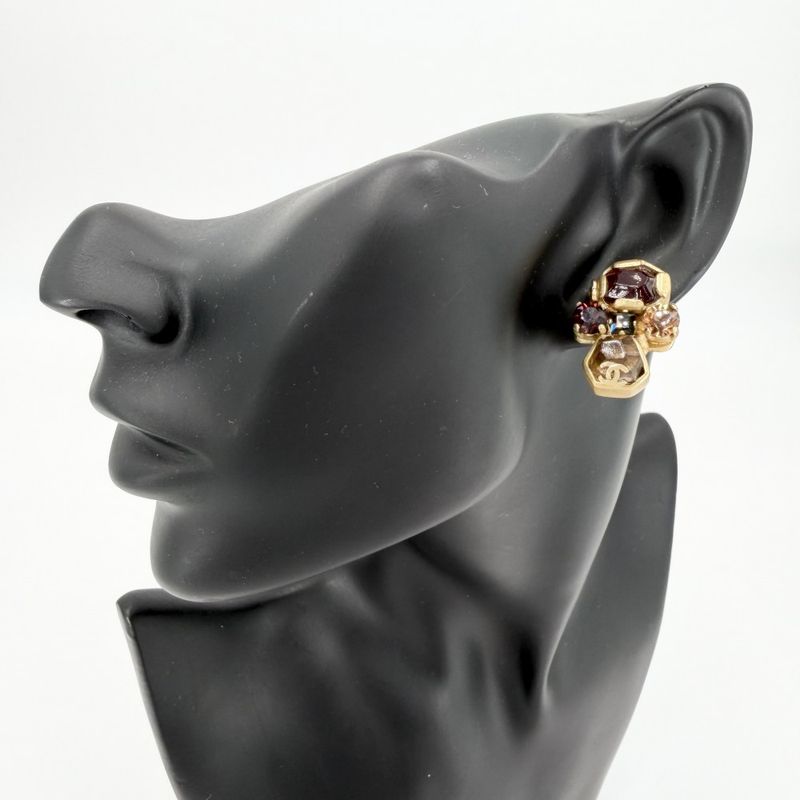 Chanel Earrings Gripoix CC Logo Vintage Coco Stone