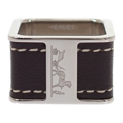 Hermes Bolduc Scarf Ring Metal Leather Silver Brown