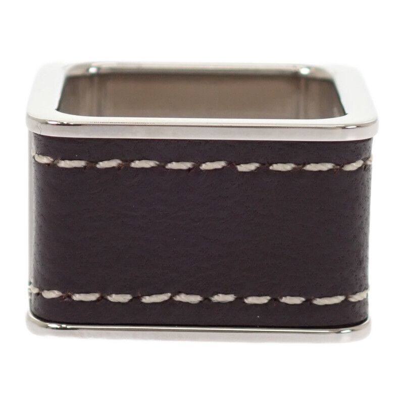 Hermes Bolduc Scarf Ring Metal Leather Silver Brown