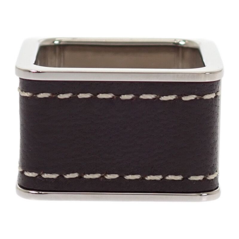 Hermes Bolduc Scarf Ring Metal Leather Silver Brown