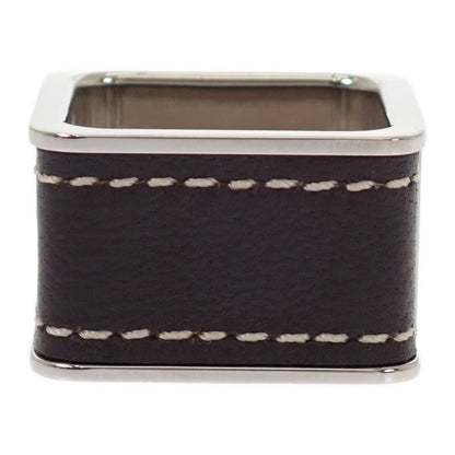 Hermes Bolduc Scarf Ring Metal Leather Silver Brown