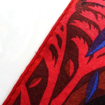 Cartier Large Shawl Scarf Cashmere Silk Pantel Animal Leaf Pattern Red