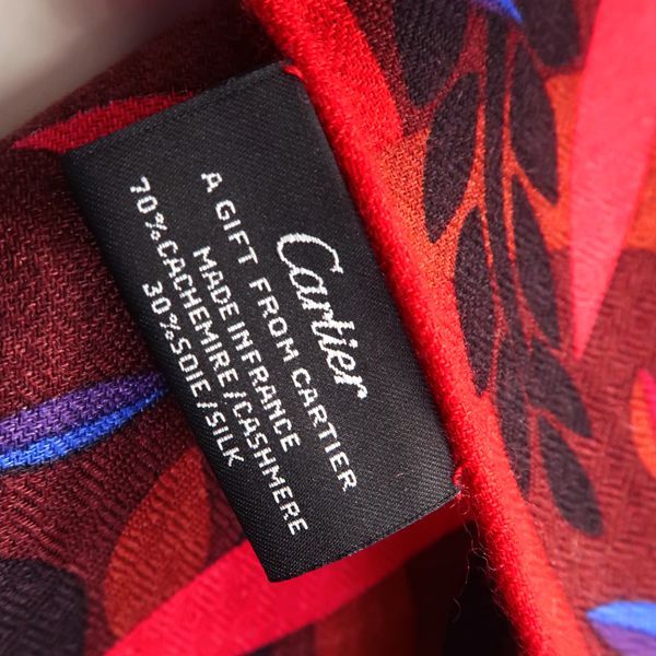Cartier Large Shawl Scarf Cashmere Silk Pantel Animal Leaf Pattern Red