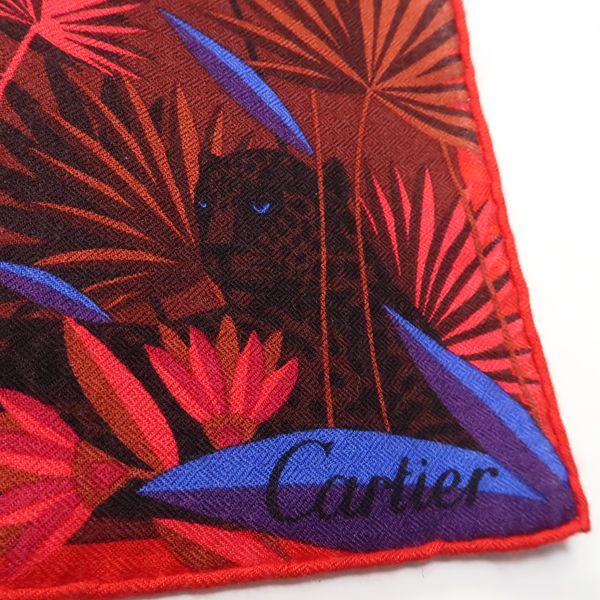 Cartier Large Shawl Scarf Cashmere Silk Pantel Animal Leaf Pattern Red