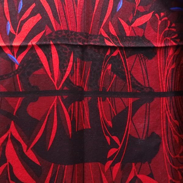Cartier Large Shawl Scarf Cashmere Silk Pantel Animal Leaf Pattern Red