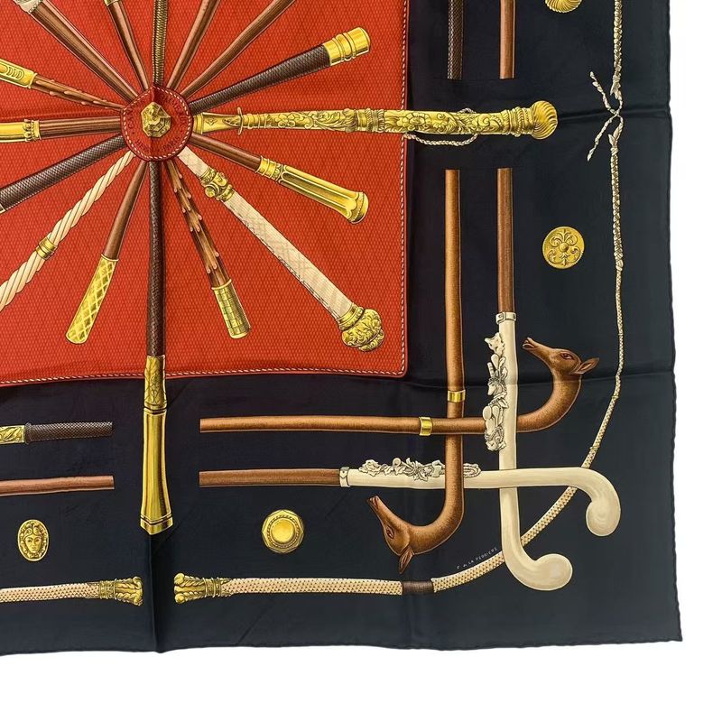 Hermes Carre 90 Cannes&pommeaux Cane Pattern Silk Black Scarf