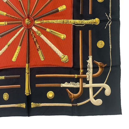 Hermes Carre 90 Cannes&pommeaux Cane Pattern Silk Black Scarf