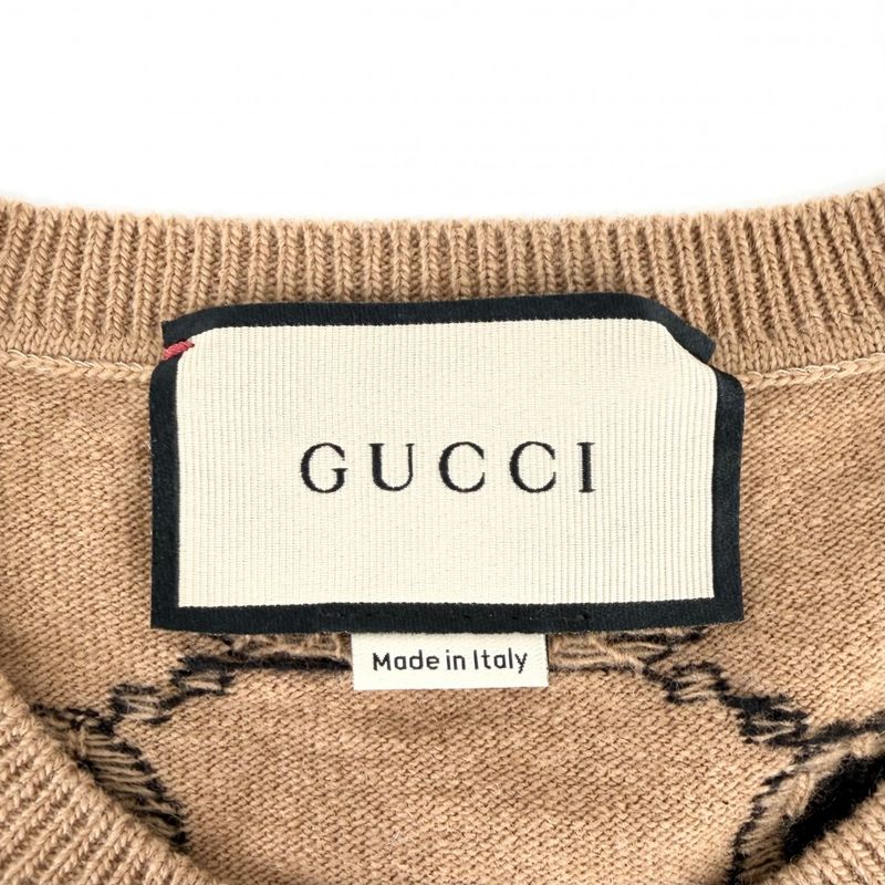 Gucci Knit GG Wool Jacquard Sweater Top All Over Pattern Brown X Black