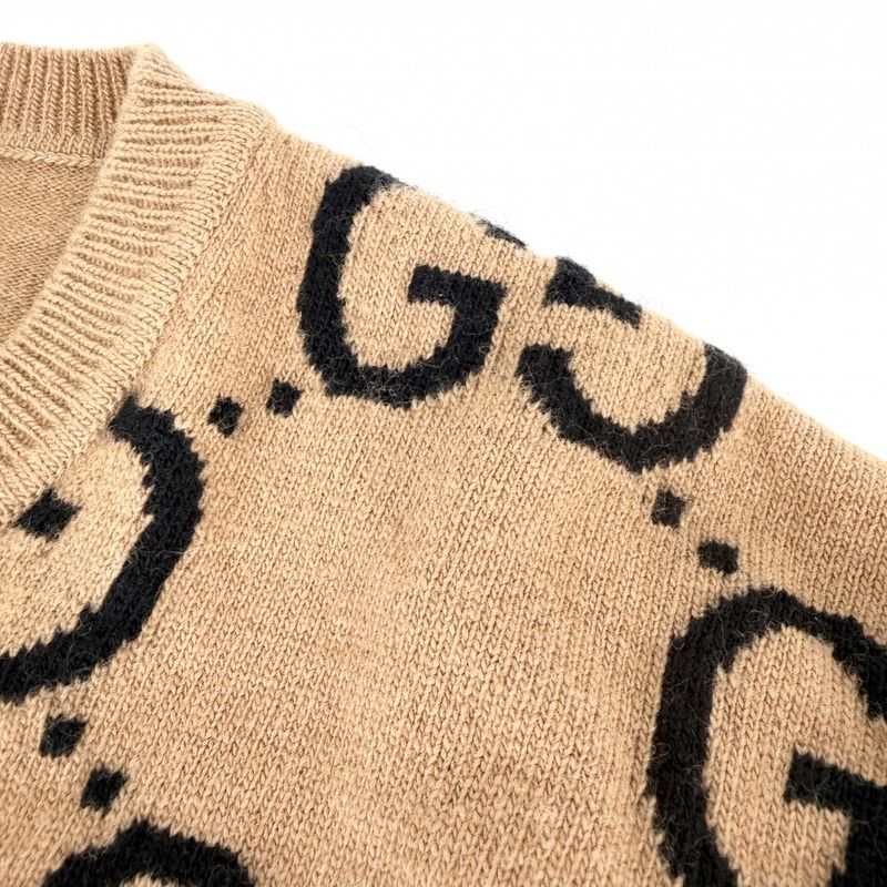 Gucci Knit GG Wool Jacquard Sweater Top All Over Pattern Brown X Black