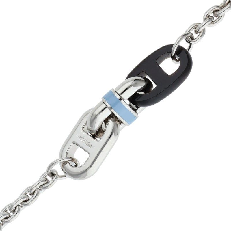 Hermes Maillon Buffalo Horn Silver Chain Necklace Silver Black Blue