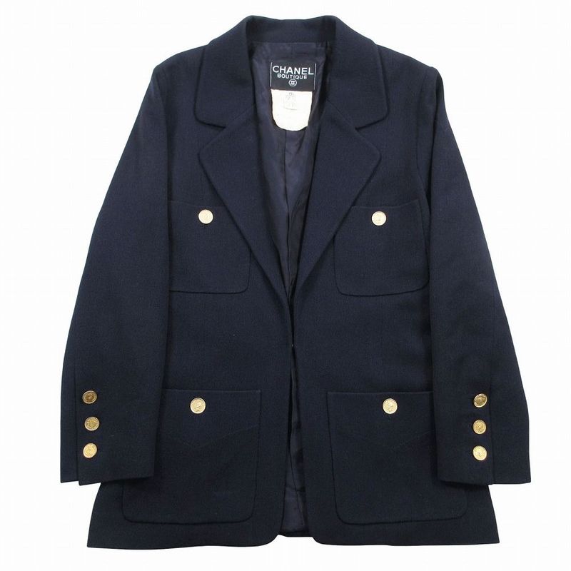 Chanel Gold Button Coin Vintage Skirt Suit Set Dark Navy 38