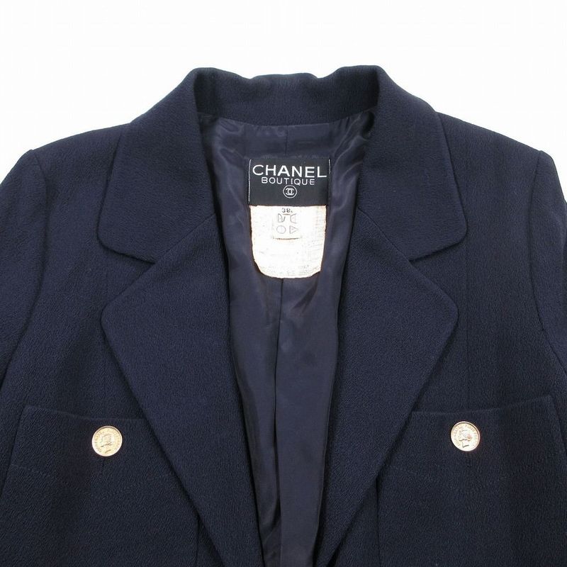 Chanel Gold Button Coin Vintage Skirt Suit Set Dark Navy 38
