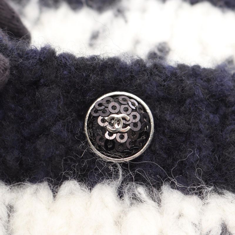 Chanel Knit Top CC Logo Button Cashmere Wool Navy White