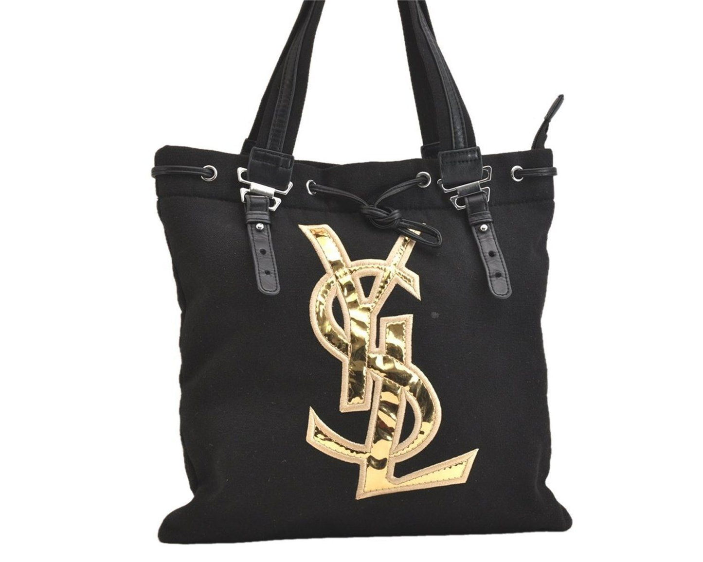 Saint Laurent Shoulder Tote Bag Canvas Leather Black