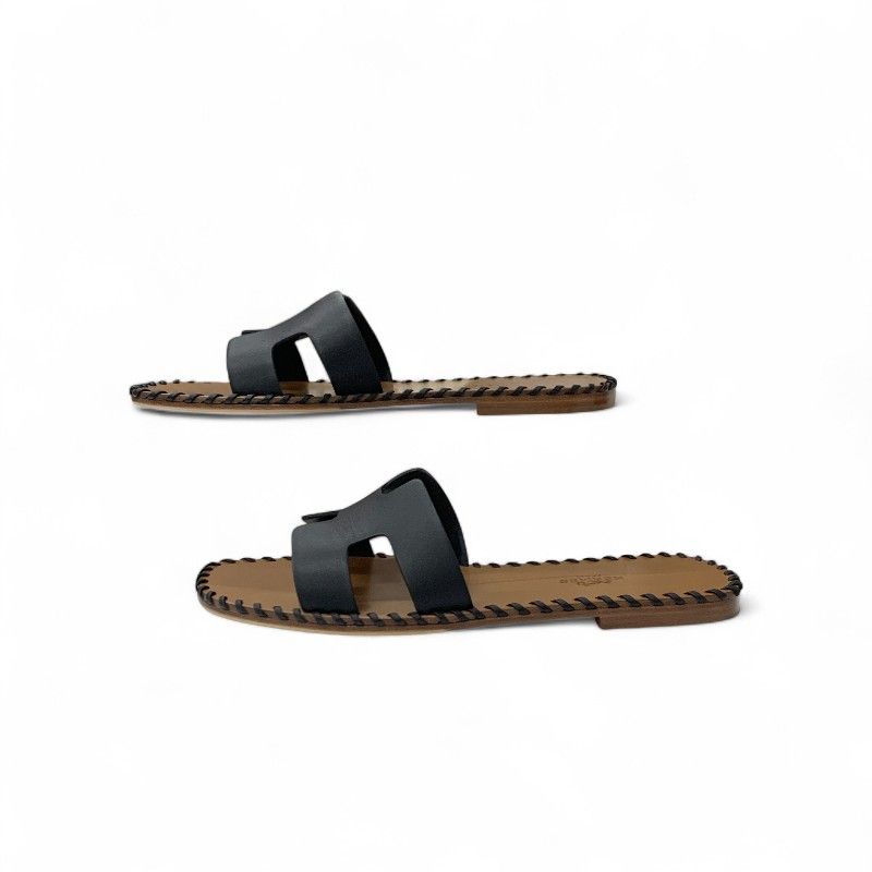 Hermes Oran Sandals Shoes Leather Black Brown Stitch Flat Mules