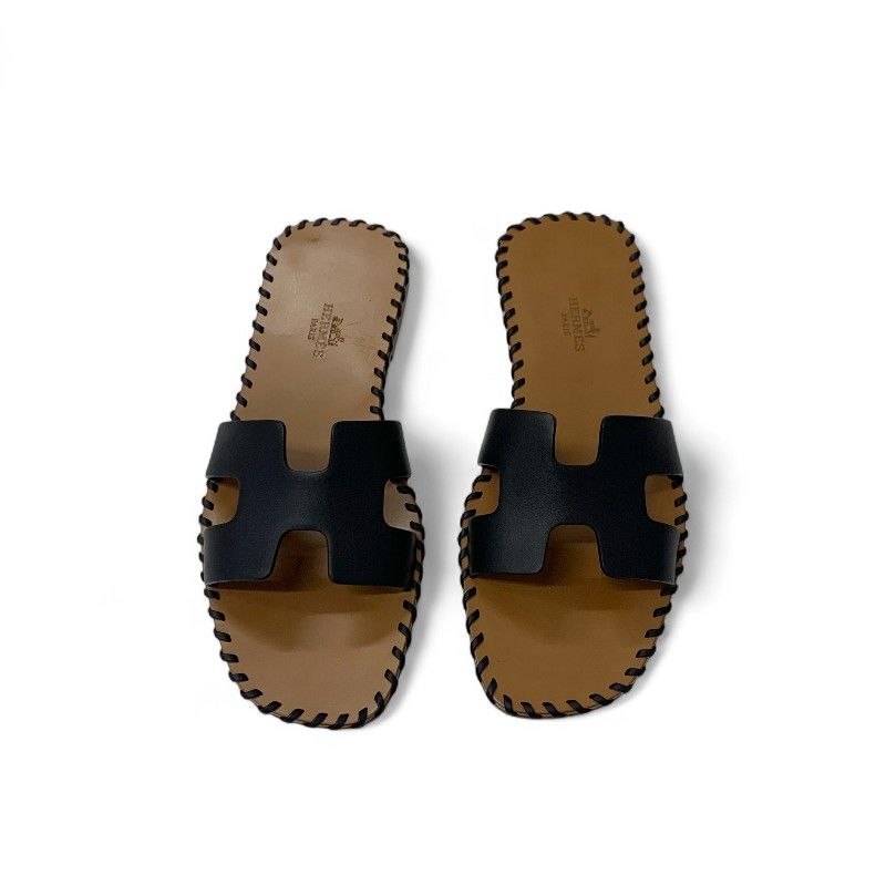 Hermes Oran Sandals Shoes Leather Black Brown Stitch Flat Mules