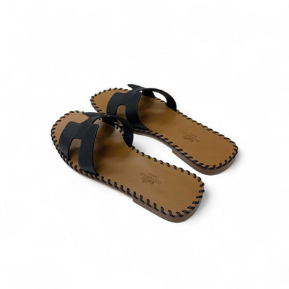 Hermes Oran Sandals Shoes Leather Black Brown Stitch Flat Mules