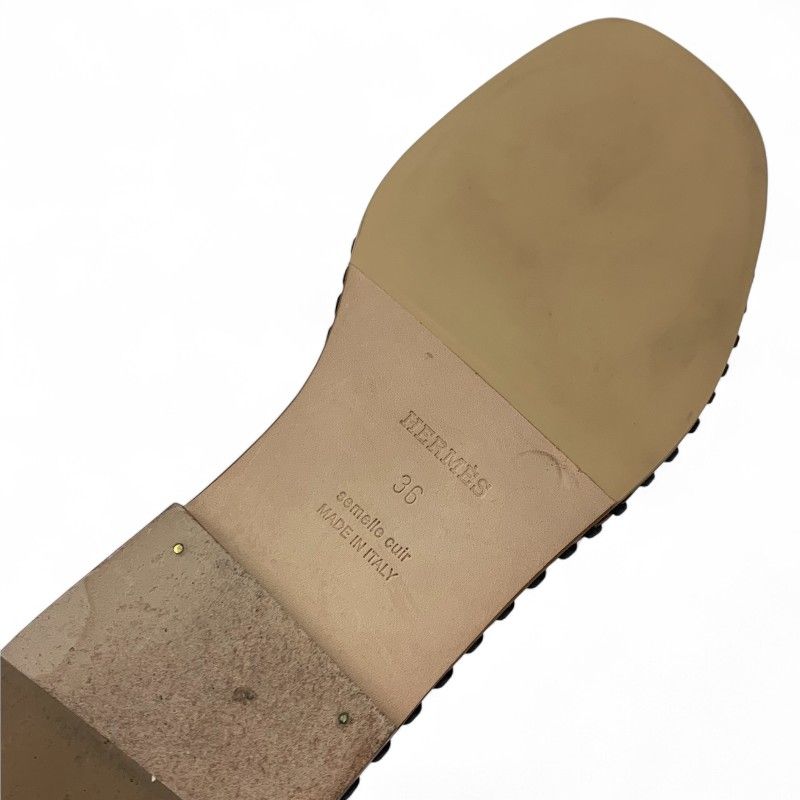 Hermes Oran Sandals Shoes Leather Black Brown Stitch Flat Mules