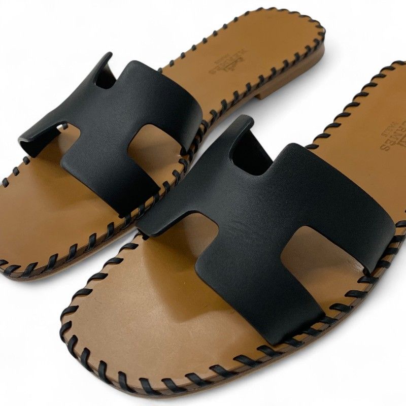 Hermes Oran Sandals Shoes Leather Black Brown Stitch Flat Mules
