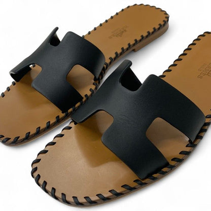 Hermes Oran Sandals Shoes Leather Black Brown Stitch Flat Mules