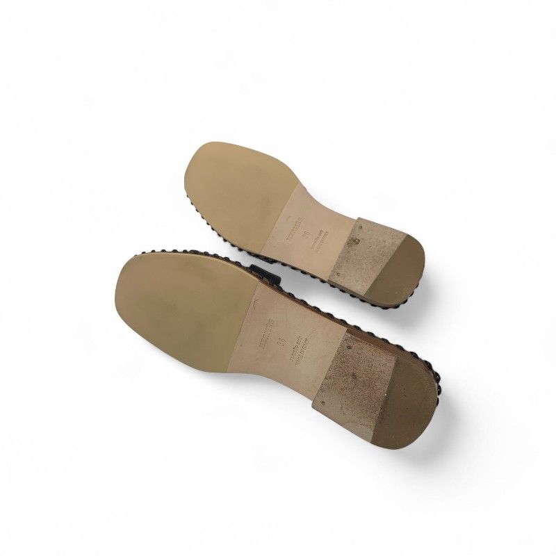 Hermes Oran Sandals Shoes Leather Black Brown Stitch Flat Mules