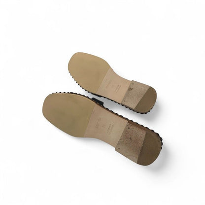 Hermes Oran Sandals Shoes Leather Black Brown Stitch Flat Mules