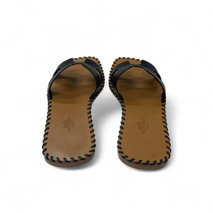 Hermes Oran Sandals Shoes Leather Black Brown Stitch Flat Mules