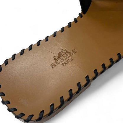 Hermes Oran Sandals Shoes Leather Black Brown Stitch Flat Mules