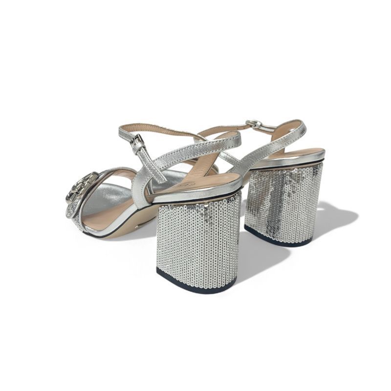Gucci Sandals Shoes Leather Silver GG Marmont Sequin Strap