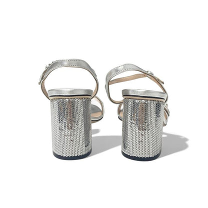 Gucci Sandals Shoes Leather Silver GG Marmont Sequin Strap