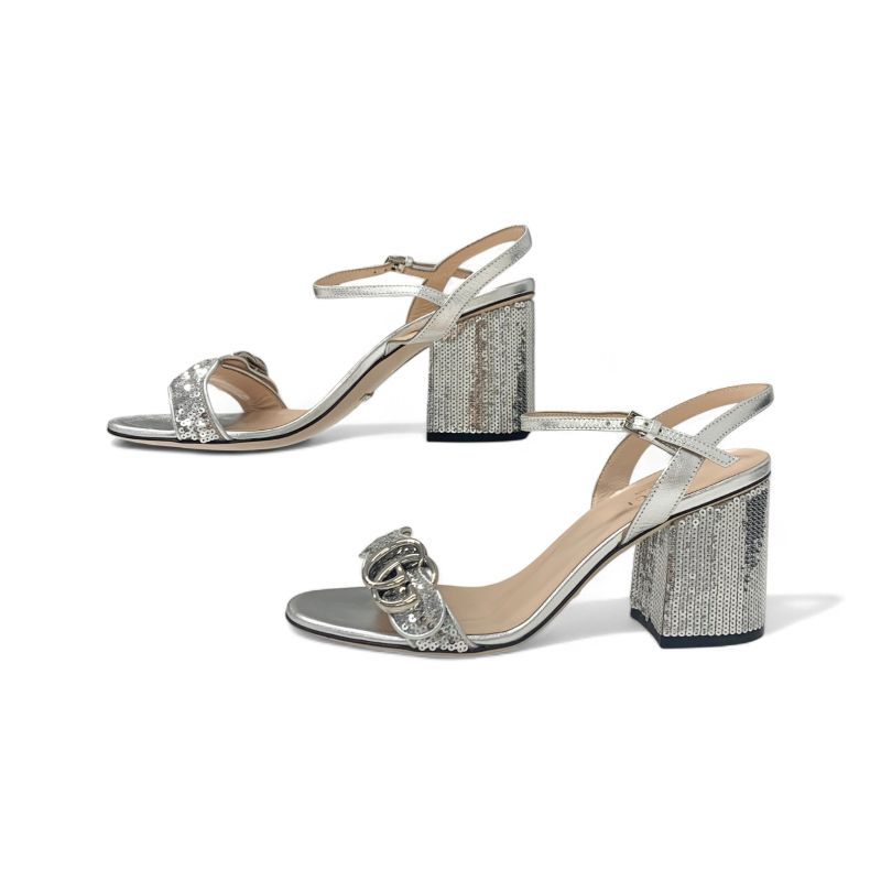 Gucci Sandals Shoes Leather Silver GG Marmont Sequin Strap