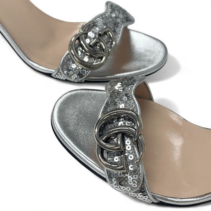 Gucci Sandals Shoes Leather Silver GG Marmont Sequin Strap