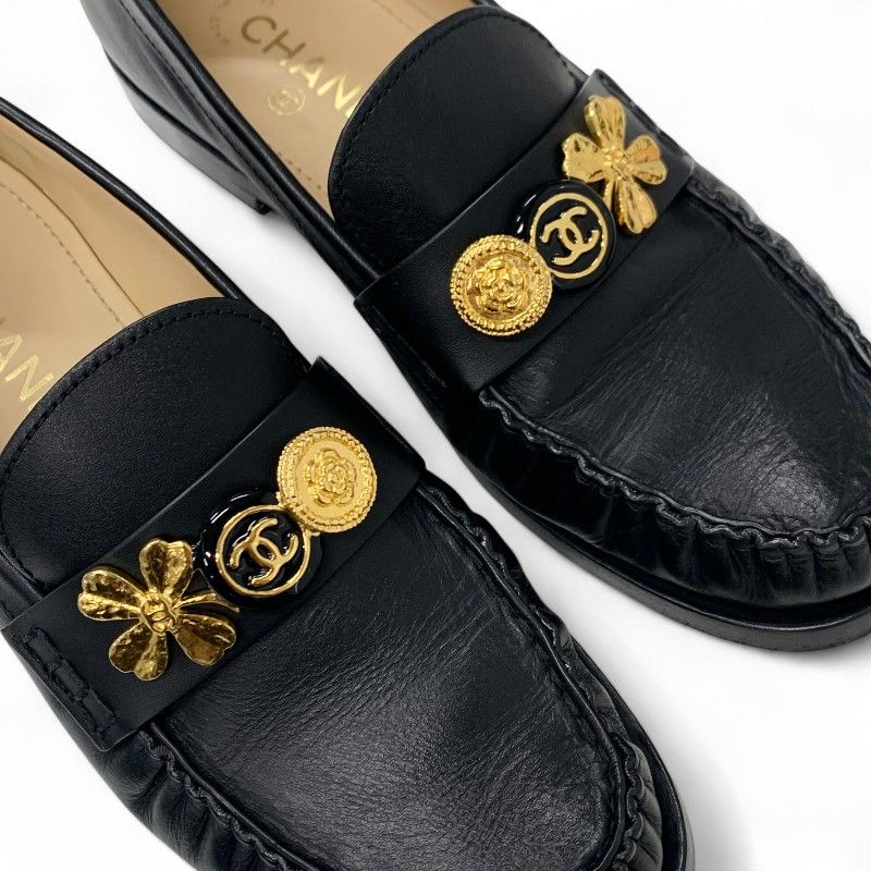 Chanel Loafers Shoes Leather Black Gold CC Logo Clover Coin Motif Flat