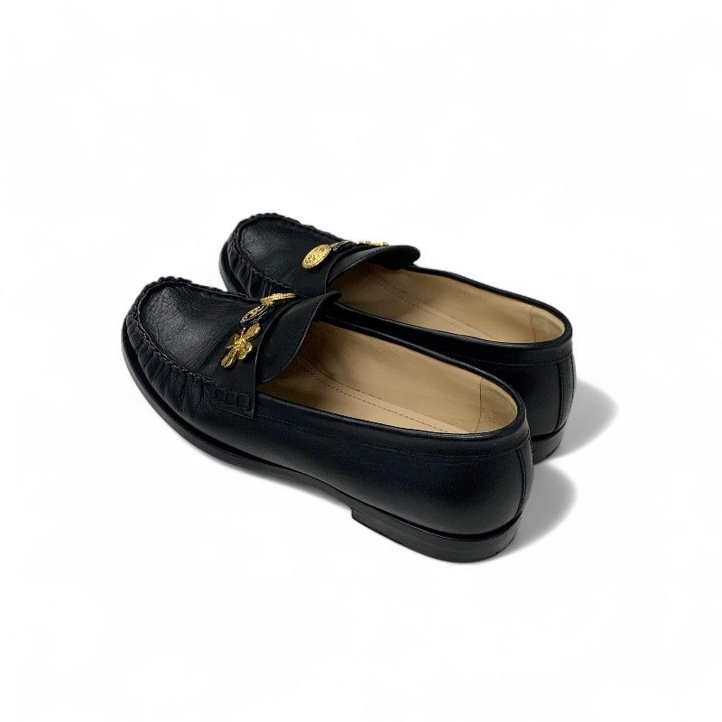 Chanel Loafers Shoes Leather Black Gold CC Logo Clover Coin Motif Flat