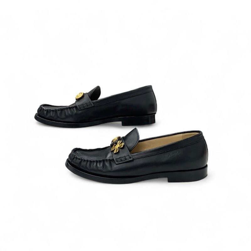 Chanel Loafers Shoes Leather Black Gold CC Logo Clover Coin Motif Flat