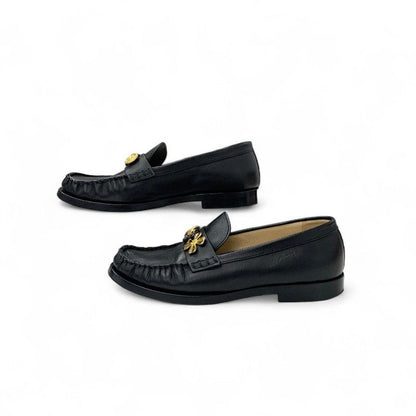 Chanel Loafers Shoes Leather Black Gold CC Logo Clover Coin Motif Flat