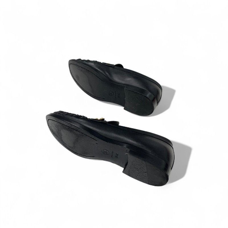 Chanel Loafers Shoes Leather Black Gold CC Logo Clover Coin Motif Flat