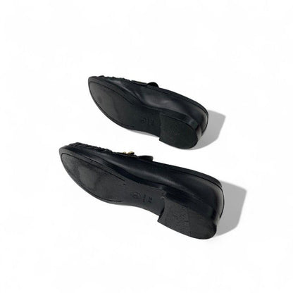 Chanel Loafers Shoes Leather Black Gold CC Logo Clover Coin Motif Flat