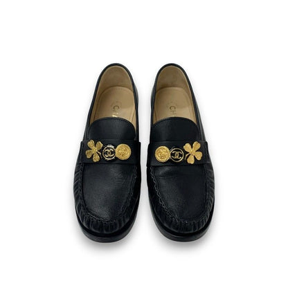 Chanel Loafers Shoes Leather Black Gold CC Logo Clover Coin Motif Flat
