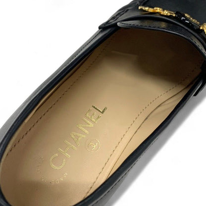 Chanel Loafers Shoes Leather Black Gold CC Logo Clover Coin Motif Flat