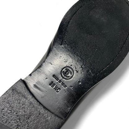 Chanel Loafers Shoes Leather Black Gold CC Logo Clover Coin Motif Flat