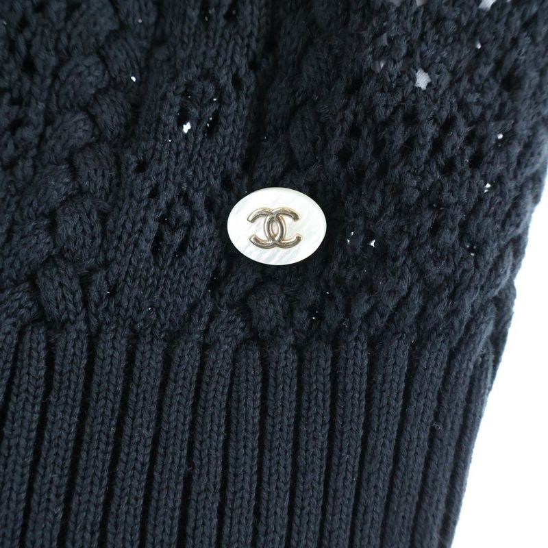 Chanel Mini Plate CC Logo Crochet Short Sleeve Knit Sweater Black